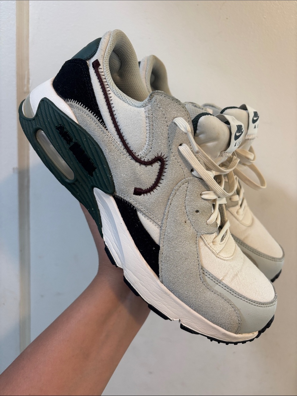 Nike Cream, Green & Black Retro Runner Sneakers with Maroon Swoosh